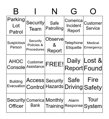 Comerica Corporate Security Bingo! Bingo Card