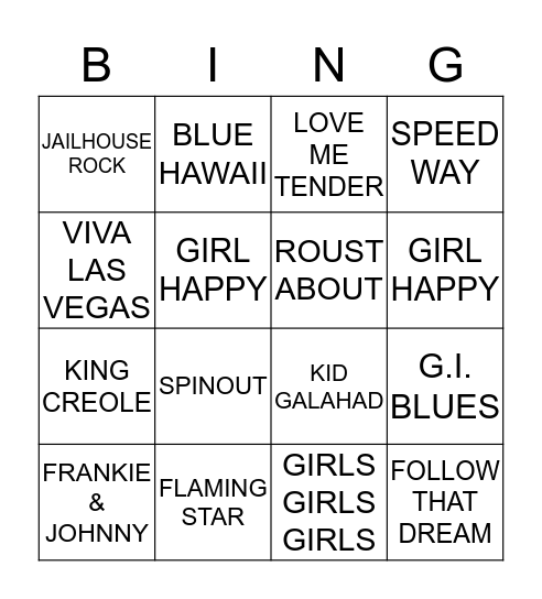 ELVIS MOVIES Bingo Card