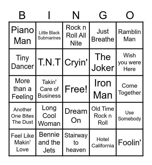 Classic Rock N' Roll Bingo Card