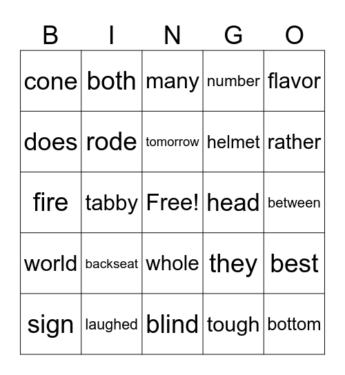 2nd Grade Bingo Card