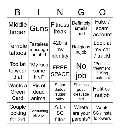 Online Dating Bingo Card