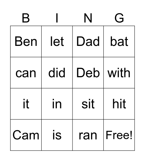 Kindergarten Bingo Card