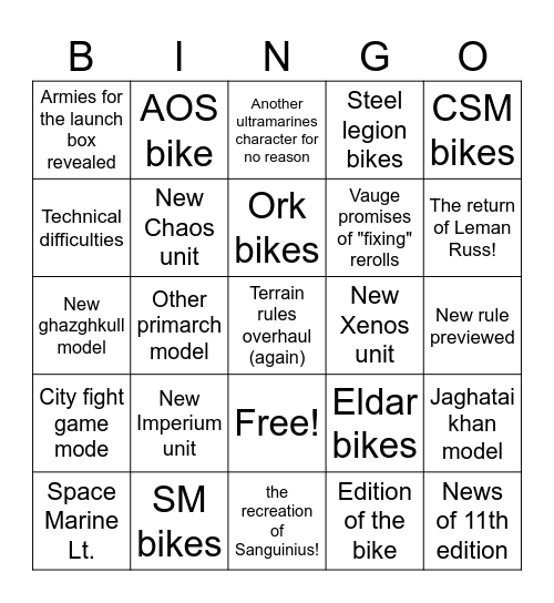 Warhammer Wednesdays Bingo Card