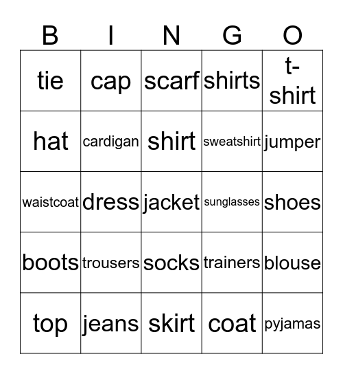 Clothes Bingo Card