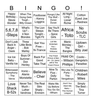 Our House Musical Bingo Card