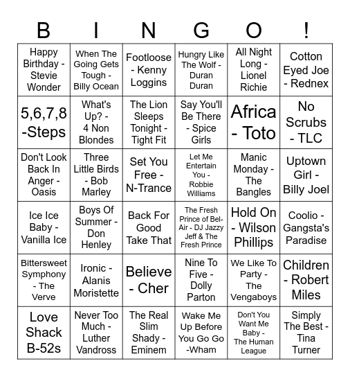 Our House Musical Bingo Card
