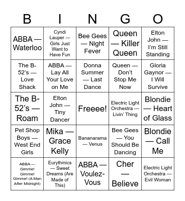 Abba and Friends Bingo Card