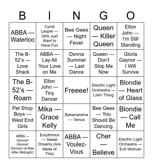 Abba and Friends Bingo Card