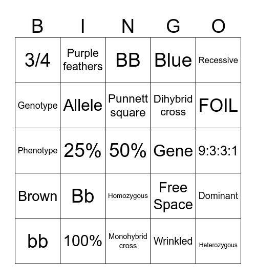 Punnett Squares Bingo Card