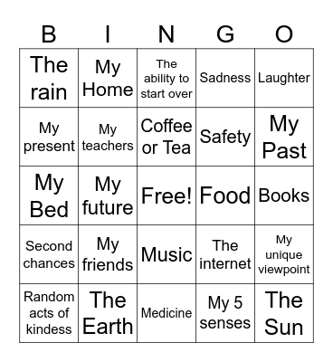 I am grateful for... Bingo Card