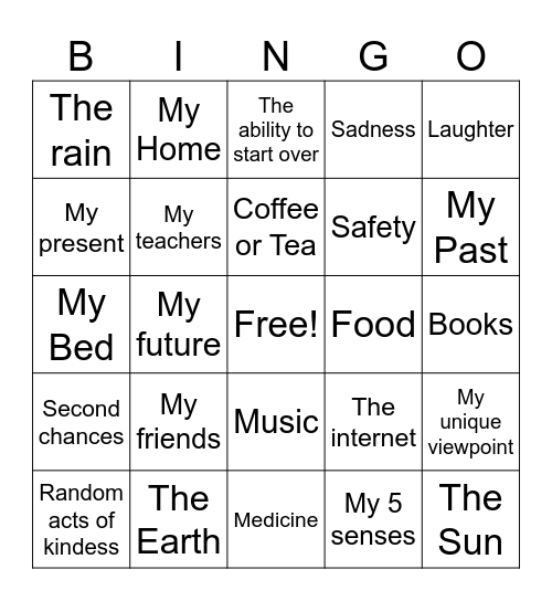 I am grateful for... Bingo Card