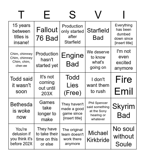 TESVI Doomer Bingo Card