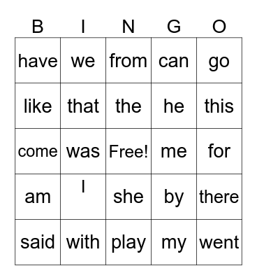Heart Word Bingo Card