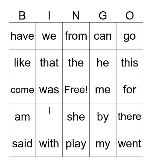 Heart Word Bingo Card