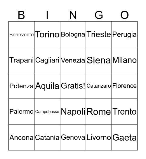 Le Citta' in Italia! - Cities in Italy Bingo Card