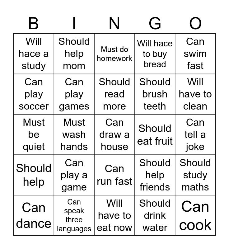 Modal Verbs Bingo Card