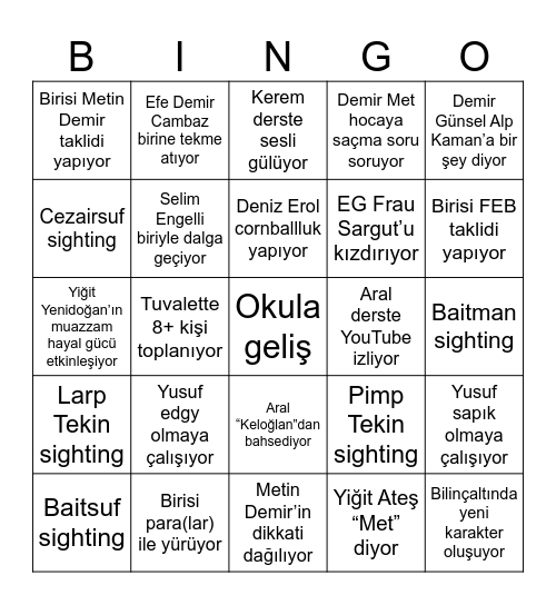 Perşembe Bingosu Bingo Card