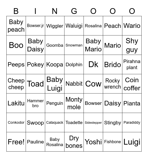 Mario kart Bingo Card