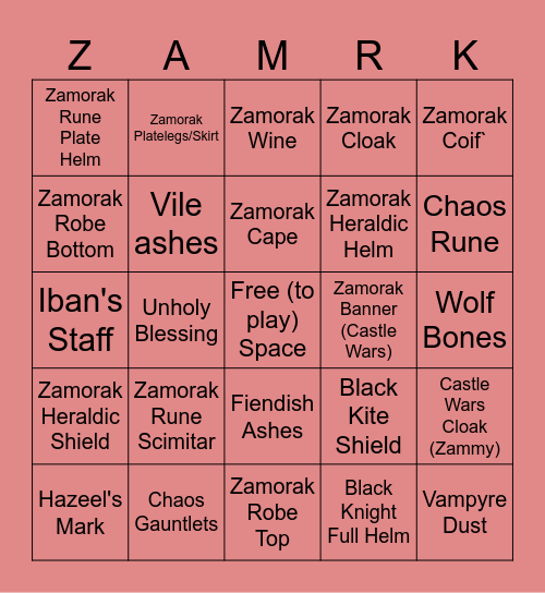 Zamorak Bingo Scavenger Hunt Bingo Card