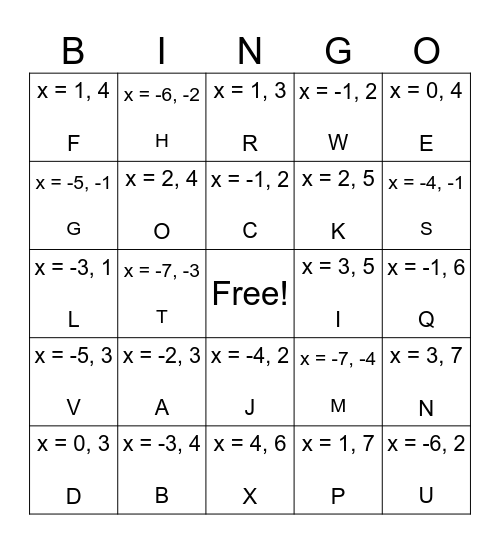 Solving Using Graphs, Tables, & Factoring Bingo Card
