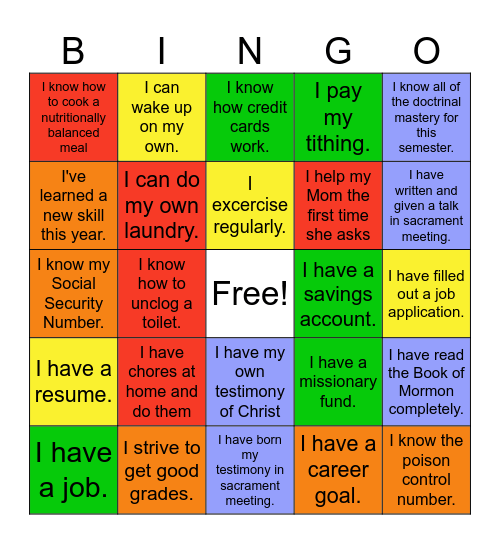 Self-Reliance for Youth Bingo Card