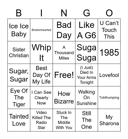 One Hit Wonders Bingo Card