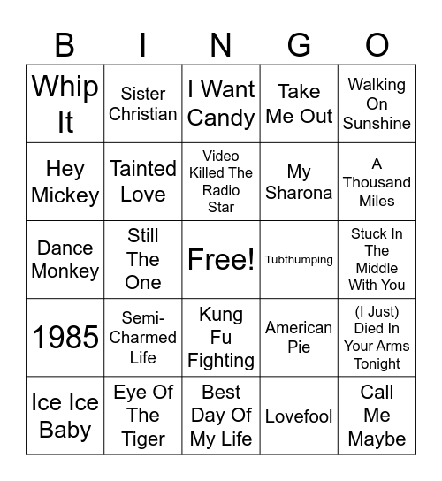One Hit Wonders Bingo Card