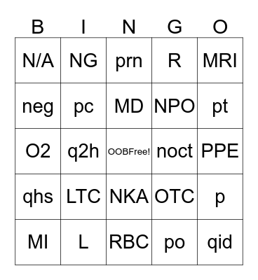Medical Abbreviations Bingo Card