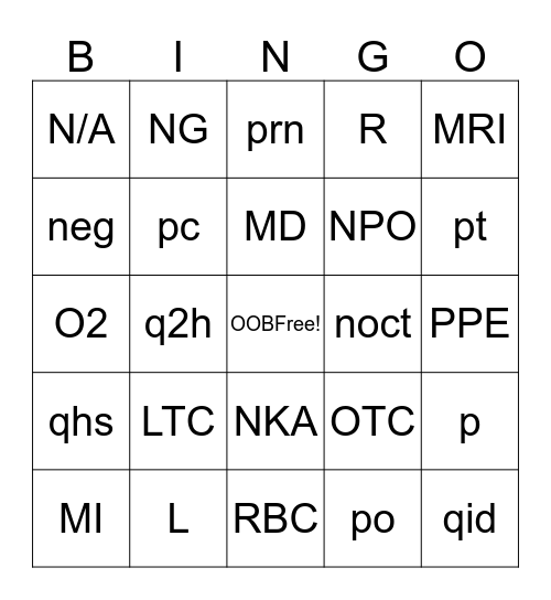 Medical Abbreviations Bingo Card