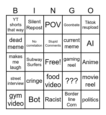 Instagram reel bingo Card