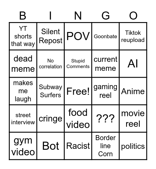 Instagram reel bingo Card
