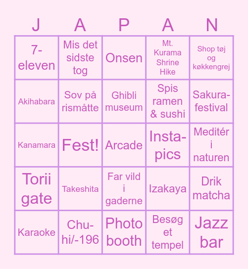 Japan To-do Bingo Card