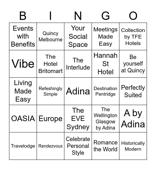 TFE Hotels Bingo Card Bingo Card