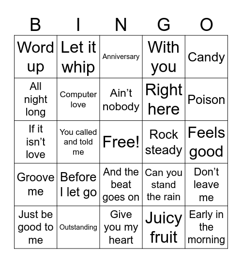 Way back Bingo Card