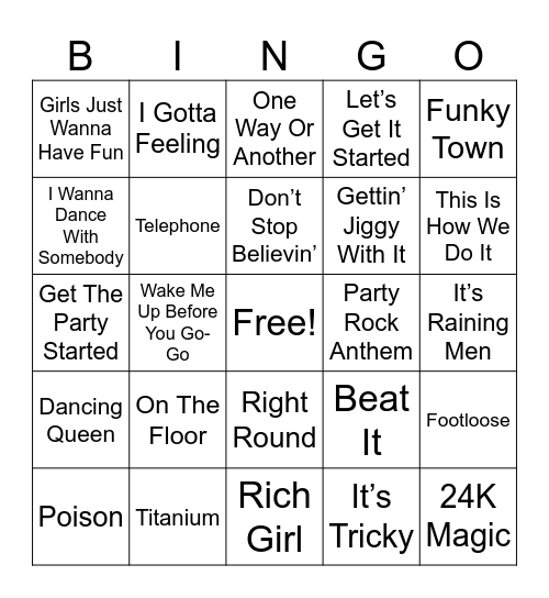 Party Songs Bingo Card