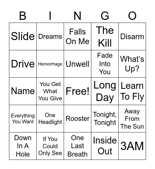 90s/2000s Rock/Alternative Bingo Card