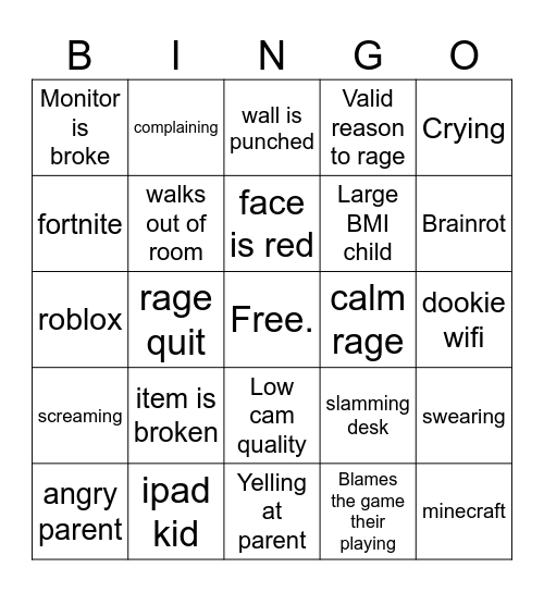 Kid rage bingo Card