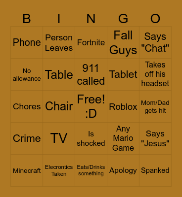 Child Crashout Bingo Card