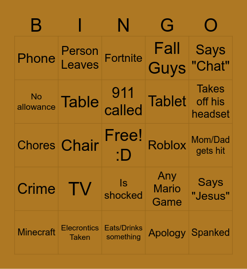 Child Crashout Bingo Card