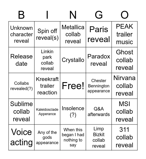 PIOTG trailer BINGO Card