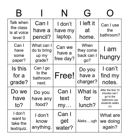 Things Students Say Bingo Card