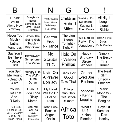 Our House Musical Bingo Card