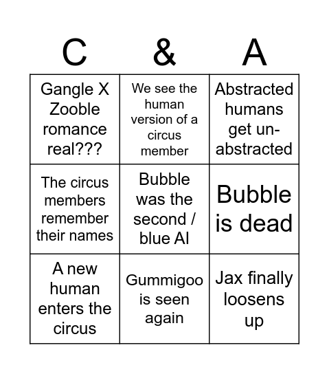 The Amazing Digital Circus Finale Bingo Card