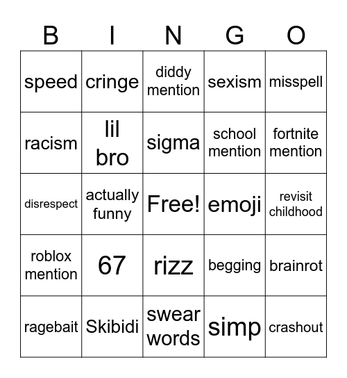 braindead gen alpha kids Bingo Card