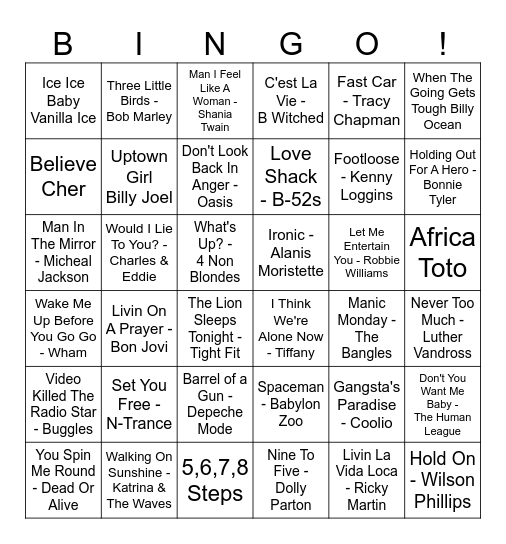 Our House Musical Bingo Card