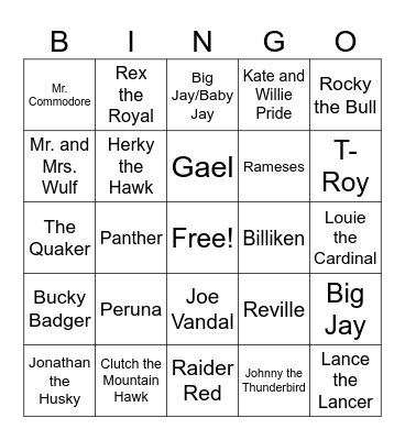 March Madness Mascot BIngo Card