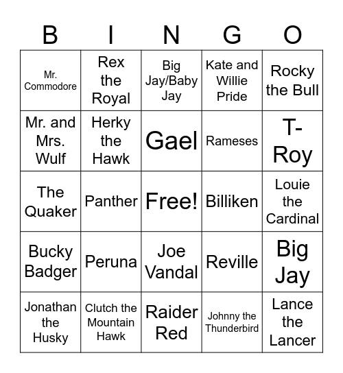 March Madness Mascot BIngo Card