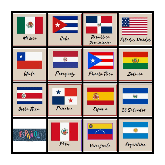 Spanish Speaking Countries Loteria Bingo Card