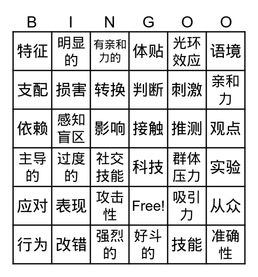 Behaviour Bingo Card