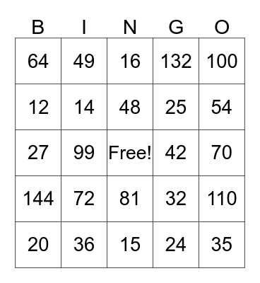 Multiplication Bingo Card
